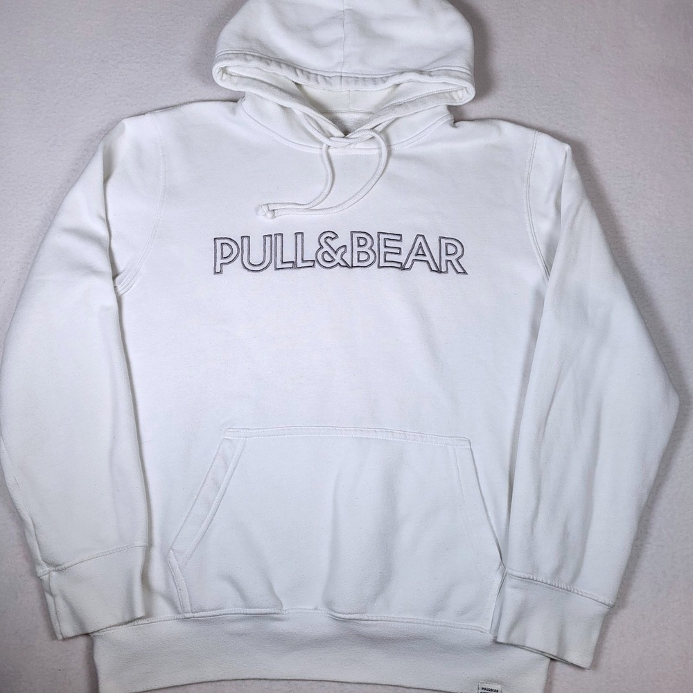 Pull & Bear Men's White Logo Hoodie Size M Long Sleeve